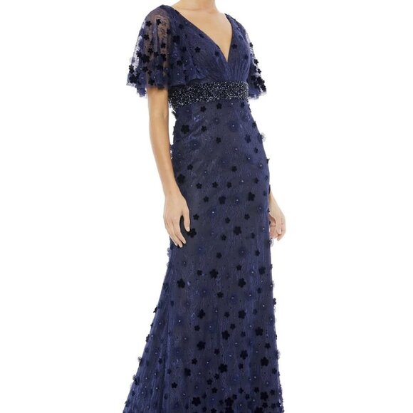 Mac Duggal Midnight Blue Floral Appliqué Flutter Sleeve Bead Waist Gown